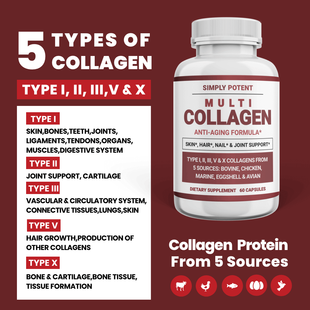 Simply Potent Multi Collagen Capsules helps to renew and recover vibrant skin, thicker hair, stronger nails